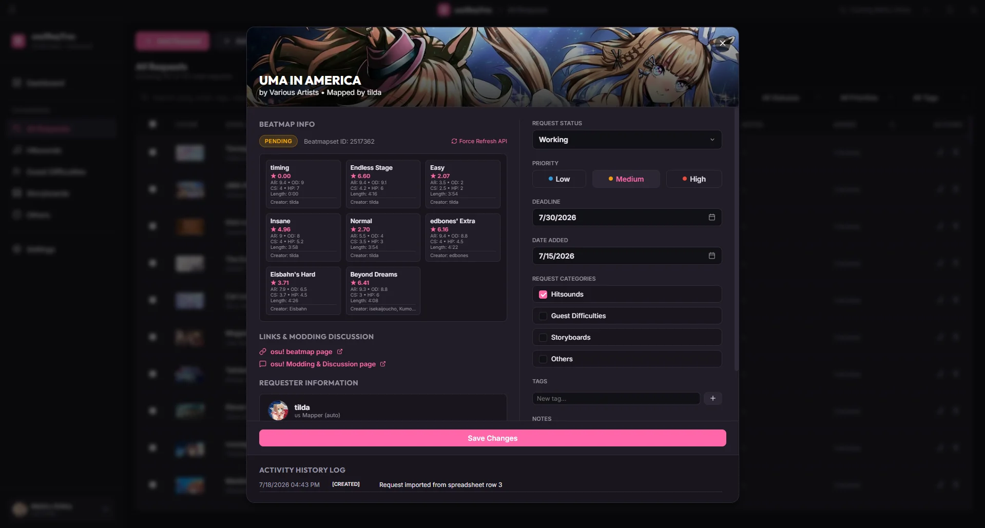 osu!ReqTrac request detail window with beatmap difficulties, status, priority, deadline, and request categories