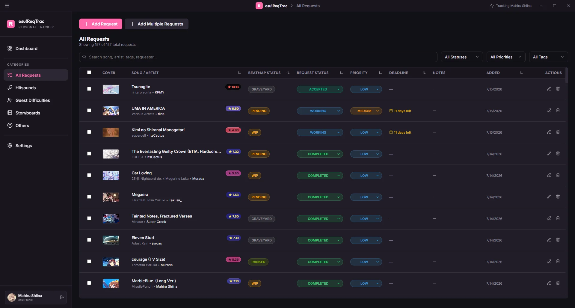 osu!ReqTrac request list showing beatmaps, statuses, priorities, deadlines, and notes