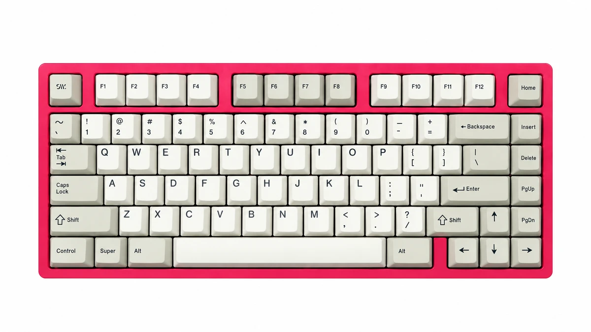 MKC75 custom keyboard with a red aluminum case and beige SWG keycaps